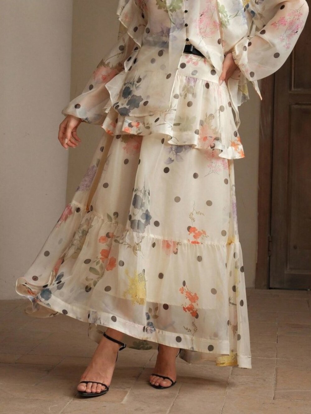 Cream Floral Polka Dot Print Tiered Maxi Skirt